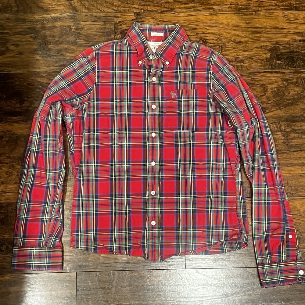 Abercrombie & Fitch Plaid Button Shirt Men Muscle X-Large Red Long Sleeve Pocket